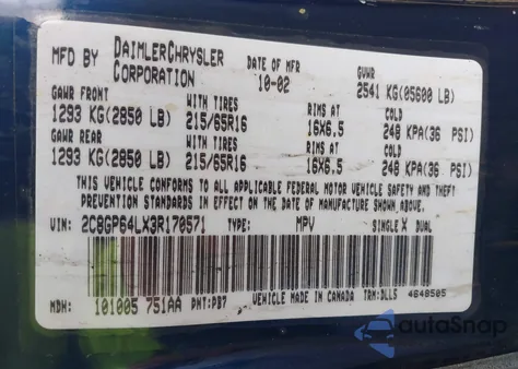 2003 Chrysler Town & Country Limited z USA, uszkodzony, nr VIN 2C8GP64LX3R170571